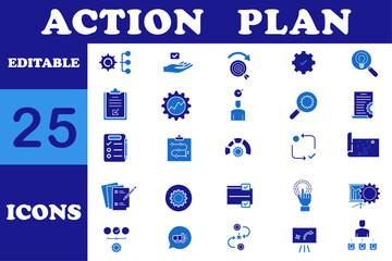Action plan flat editable icons set. Action plan related icons : Goal, team, timeline, schedule, strategy, analysis, tasks, planning and more. Vector illus6tration