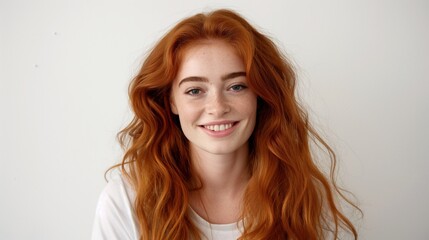 Fototapeta premium Smiling young woman with long, wavy red hair and freckles against a plain white background.