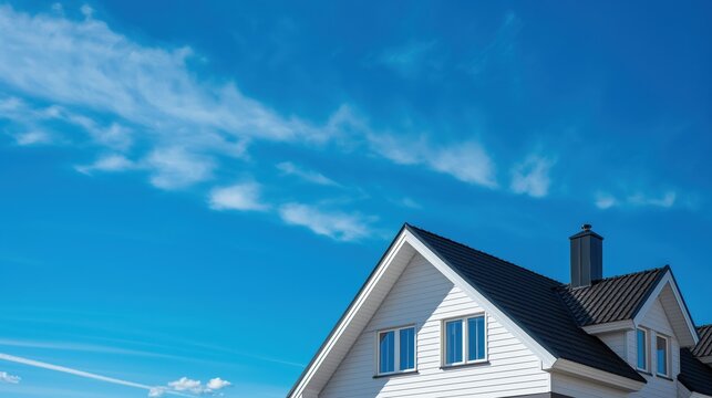 Modern white house with black roof against a bright blue sky with scattered clouds.