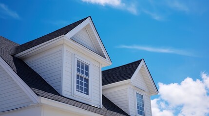 Close-up view of the upper part of a house with double-pitched roof, black shingles, white siding, and double-hung windows, under a bright blue sky.
