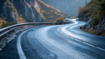 A curved mountain highway with clear guardrails on each side. Winding through rugged terrain The curvature of the road and strong guardrails ensure safety. It offers breathtaking views of the landscap