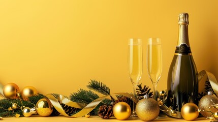 Festive Christmas background with a bottle of champagne, glasses with decorative elements, golden balls, fir tree, garland, ribbon and confetti. Merry Christmas and Happy New Year.