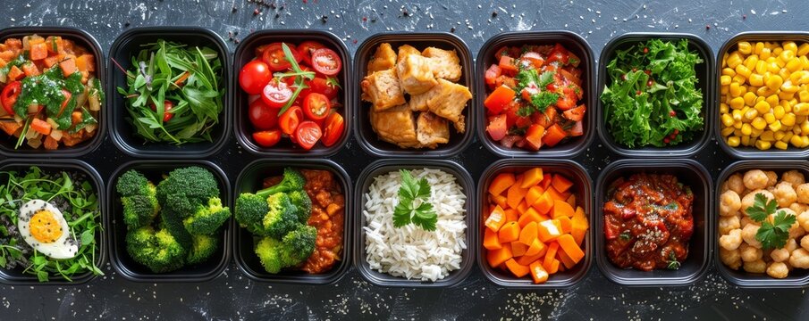 Colorful healthy meal prep boxes with a variety of nutritious foods including vegetables, chicken, rice, beans, and greens.