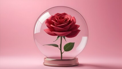 Fototapeta premium Beautiful red rose flower with leaves in a glass sphere on pink background. 