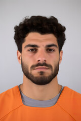Obraz premium Prison mugshot of young Arab man in orange jumpsuit