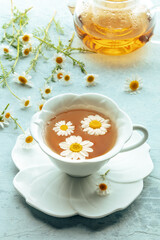 Chamomile flower tea. A tea cup and a tea pot with fresh medicinal flowers, natural organic remedy. Healthy drink for digestion