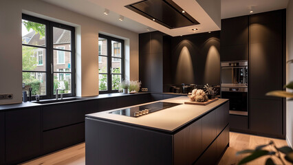 Monochrome Elegance: A Modern Kitchen with Black Cabinets and White Worktop