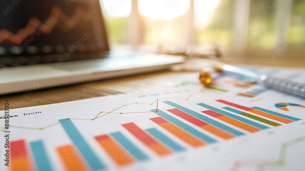 Poster laptop and spreadsheet with colorful charts on table for analyzing data graph business strategy. ai 
