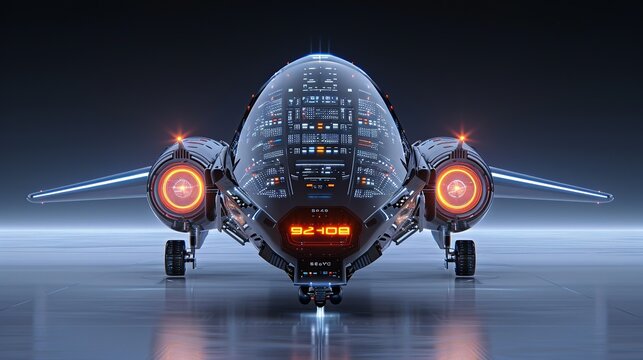 Futuristic graphic of a spaceship with sleek lines and digital displays, symbolizing space exploration and futuristic technology. Illustration, Image, , Minimalism,