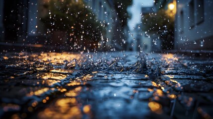 A high-definition photo of raindrops splashing in a puddle on a cobblestone street, capturing the dynamic motion and crystal-clear droplets, with a realistic, moody atmosphere