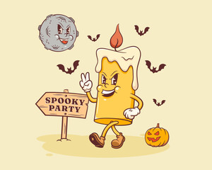 Halloween Groovy Candle Retro Character. Cartoon Personage Walking by a Pumpkin to Spooky Party under Evil Moon. Vector Autumn Holiday Mascot Template. Happy Vintage Cool Illustration Isolated