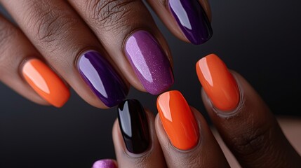 perfect manicure nails with Halloween themed purple and orange nail polish, nail salon advertisement, black woman 
