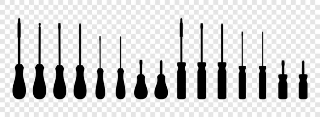 Set of screwdrivers isolated on transparent background. Flat head and Phillips, long and short screwdrivers. Tool for Home Repairs and Mechanical Work. Black silhouette icons, vector illustration.