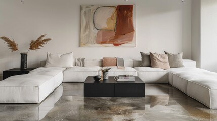 A chic minimalist living room featuring a white modular sofa, black coffee table, and a large abstract painting, with a polished concrete floor.