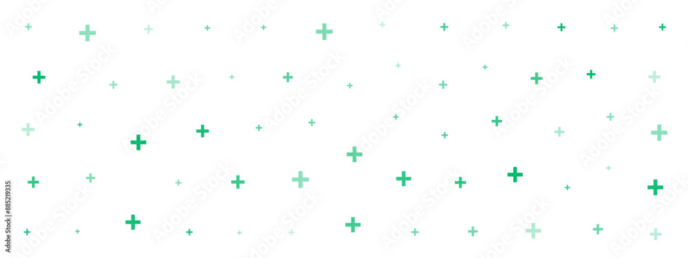 Wall mural green cross or plus symbols of different sizes and opacity on white background. abstract pattern of 