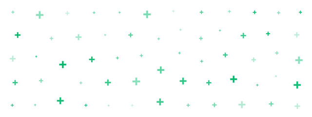 Green cross or plus symbols of different sizes and opacity on white background. Abstract pattern of blue medical cross or mathematical plus pictogram. Vector illustration on cyan background with stars