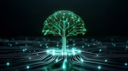 Abstract design of a digital tree with circuit patterns, symbolizing growth, sustainability, and technological evolution in business. Illustration, Image, , Minimalism,