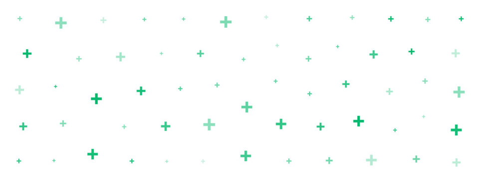 Green cross or plus symbols of different sizes and opacity on white background. Abstract pattern of blue medical cross or mathematical plus pictogram. Vector illustration on cyan background with stars
