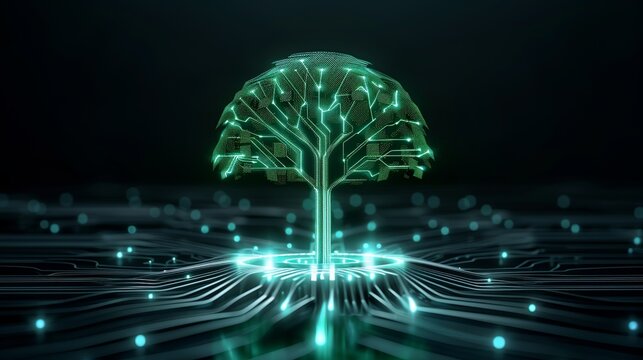Abstract design of a digital tree with circuit patterns, symbolizing growth, sustainability, and technological evolution in business. Illustration, Image, , Minimalism,