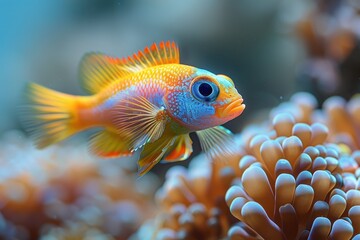 Obraz premium Baby Fish: A bright, colorful baby fish, swimming among coral reefs in the ocean.