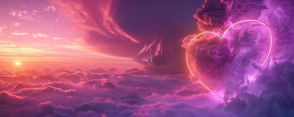 a yellow and purple neon light that forms a heart above a sea of ​​clouds with a beautiful sunset background