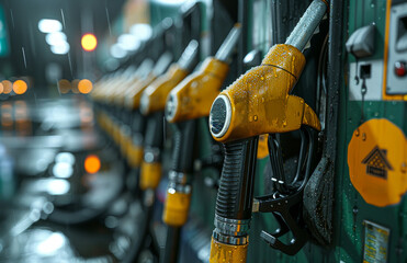 Wet Fuel Pumps at a Gas Station. A row of yellow fuel pumps with black handles hang at a gas station, wet from recent rainfall.