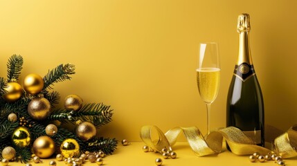 Festive Christmas background with a bottle of champagne, glasses with decorative elements, golden balls, fir tree, garland, ribbon and confetti. Merry Christmas and Happy New Year.