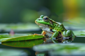 Fototapeta premium Baby Frog: A tiny green froglet, sitting on a lily pad in a pond. 