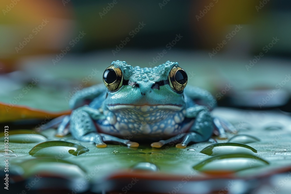 Wall mural baby frog: a tiny green froglet, sitting on a lily pad in a pond.