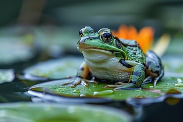 Baby Frog: A tiny green froglet, sitting on a lily pad in a pond. 