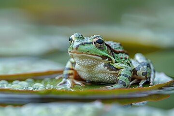 Fototapeta premium Baby Frog: A tiny green froglet, sitting on a lily pad in a pond. 