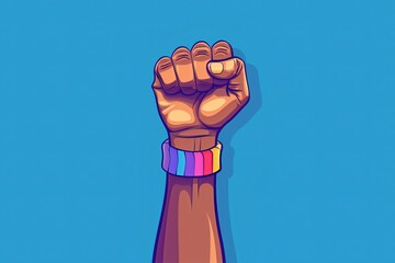 Raised fist with rainbow bracelet on blue background, concept of social justice and empowerment