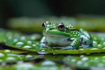 Obraz premium Baby Frog: A tiny green froglet, sitting on a lily pad in a pond. 