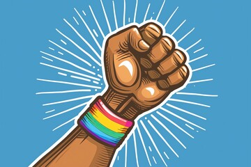 Raised fist with rainbow wristband, concept of social justice and empowerment