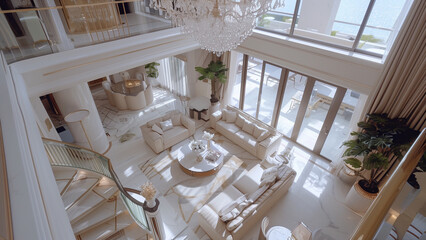 A Light Luxury Villa with a Large Living Room, Spiral Stairs, and Endless Sea View