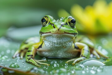 Fototapeta premium Baby Frog: A tiny green froglet, sitting on a lily pad in a pond. 