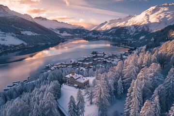 Aerial View of Snowy Village in the Swiss Alps