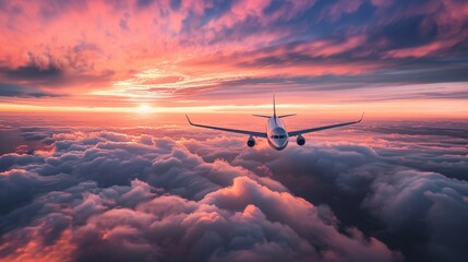 Commercial airplane jetliner flying above dramatic clouds in beautiful sunset light. Travel concept