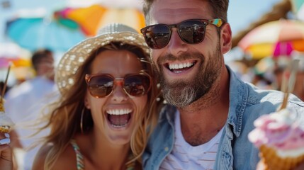 A happy couple in sunglasses enjoys ice cream at a colorful summer beach festival, smiling and embracing. Background features umbrellas, laughter, and bright sunlight.