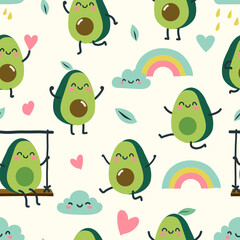 Vector seamless pattern with cute cartoon avocado characters, rainbows, clouds and hearts. Funny parint for kids nursery wallpaper, clothes, cosmetic package, fabric and textile