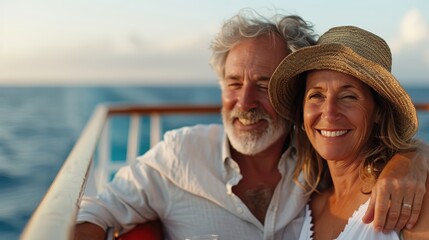 An elderly couple with joyous expressions enjoy a sunset cruise on a boat, exuding romantic and adventurous vibes by the sea, celebrating togetherness and love.
