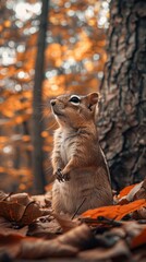 Close-up of an alert chipmunk standing on its hind legs in a forest with vibrant orange autumn leaves and a tree trunk in the background, capturing a typical woodland scene in daylight.