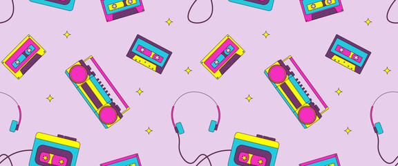 Seamless pattern with 90s retro elements, music objects