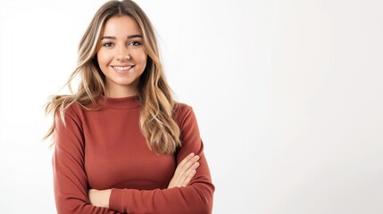 Fototapeta premium Smiling young woman with long hair, rust-colored long sleeve shirt, arms crossed, white background.