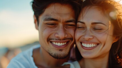 A couple embracing closely with bright smiles near the beach, their faces radiating happiness and a deep connection, epitomizing love, warmth, and relaxed togetherness by the sea.