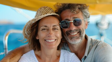 Obraz premium A happy couple enjoying a sunny day together on a boat, radiating warmth and joy. The man wears sunglasses; the woman wears a hat, both smiling brightly.
