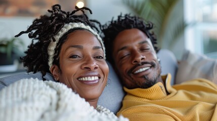 A smiling couple enjoys a relaxing moment on a cozy couch indoors, exuding warmth and comfort. The man has his eyes closed, indicating a peaceful moment together.