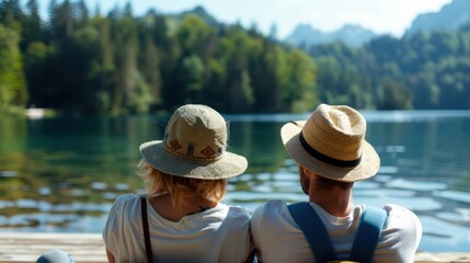 A couple wearing summer hats and backpacks sits on a wooden dock by a serene lakeside, enjoying the peaceful and scenic beauty of the surrounding nature and forest.