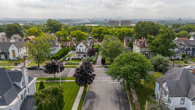 Residential street aerial in New York City suburbs