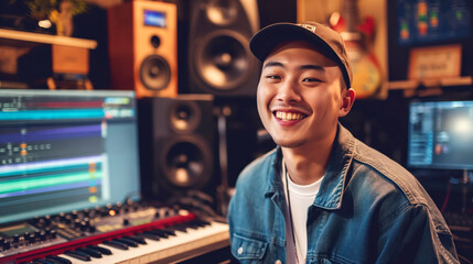 Young man smiling in a music production studio with a keyboard, computer monitors, and speakers in the background.